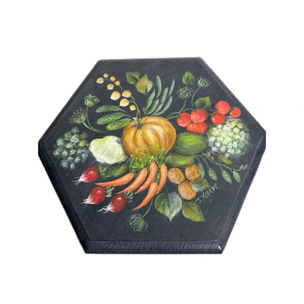 Vintage Fruit Hand Painted Country Farmhouse Folk Art Wooden Treasure Box Signed